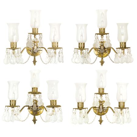 Set of Four Brass and Cut Glass Three-Light