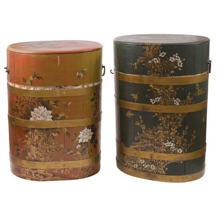 Two Asian Brass Bound Paint Decorated