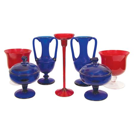 Group of Cobalt and Red Glass Table