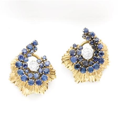 Gold, Sapphire and Diamond Earclips
	