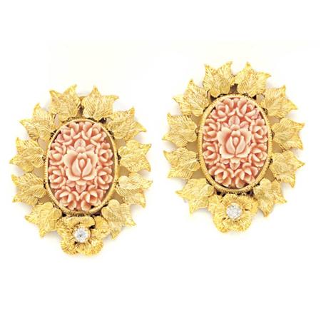 Pair of Gold, Carved Coral and