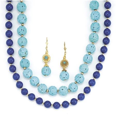 Two Gold, Lapis and Carved Turquoise