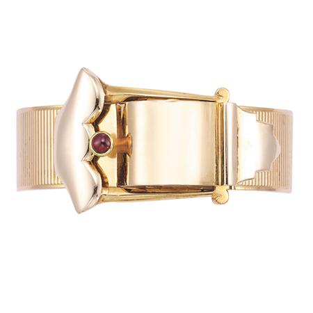 Gold and Cabochon Ruby Buckle Bangle-Watch