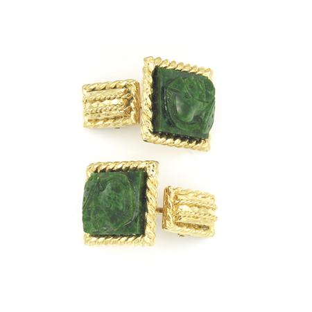 Pair of Gold and Carved Jade Cufflinks,