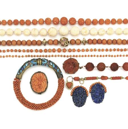 Group of Coral, Rock Crystal, Carnelian