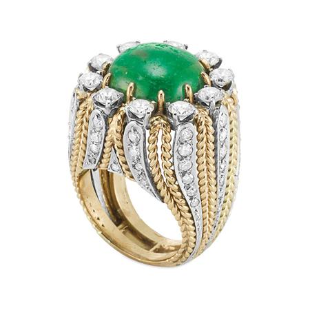 Gold, Cabochon Emerald and Diamond Ring
	
