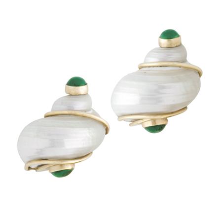 Pair of Gold, Shell and Green Onyx Earclips,