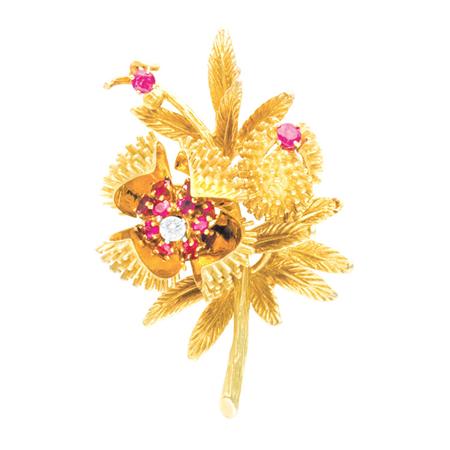 Gold Diamond and Ruby Flower Brooch  6afd0