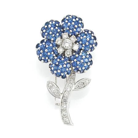 Sapphire and Diamond Flower Clip Brooch  6afe5