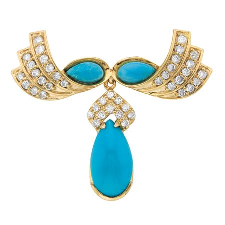 Gold, Turquoise and Diamond Brooch
	