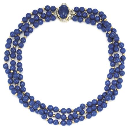 Triple Strand Lapis and Gold Bead