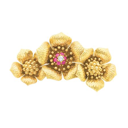 Gold, Diamond and Ruby Flower Brooch,