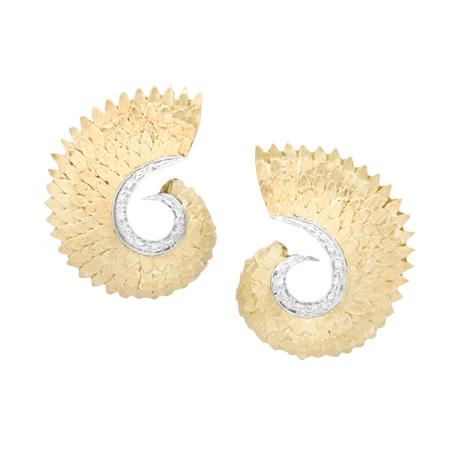 Pair of Gold and Diamond Leaf Earclips  6b041