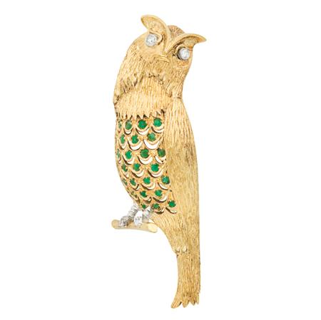 Gold Emerald and Diamond Owl Brooch  6b043