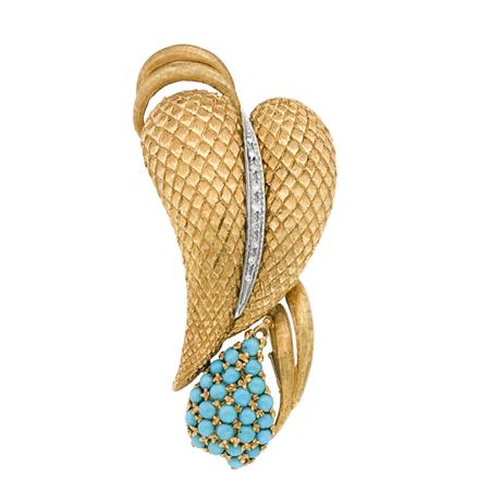 Gold, Turquoise and Diamond Leaf Brooch
	