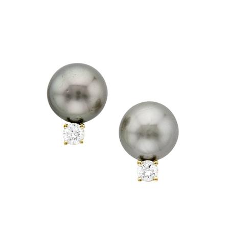Pair of Gold, Black Cultured Pearl