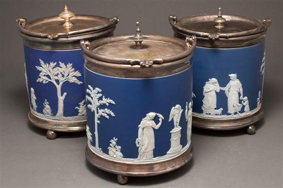 Three Wedgwood blue and white jasperware