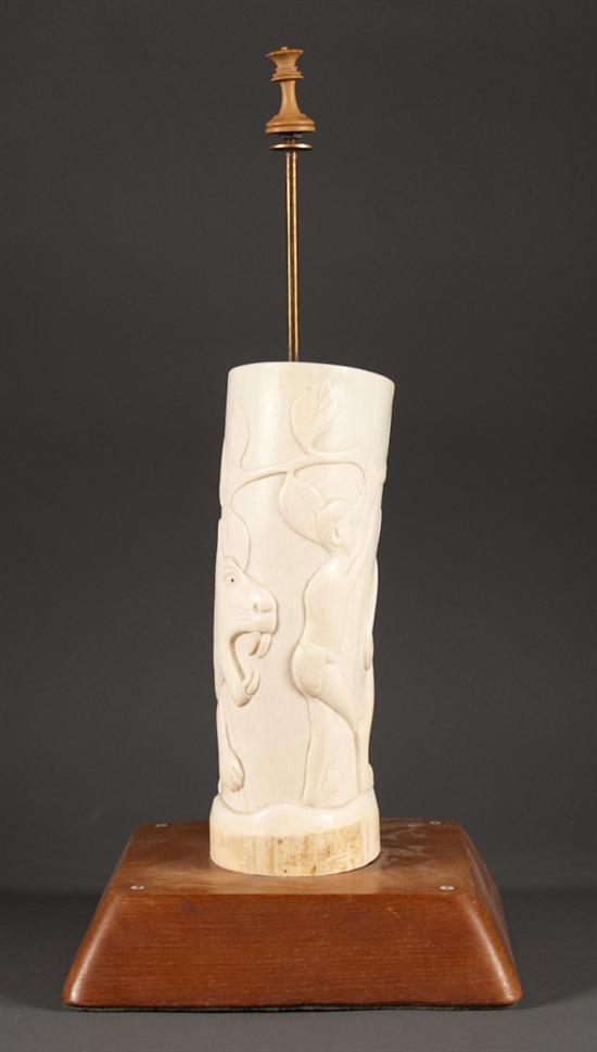 African relief carved ivory tusk, mounted