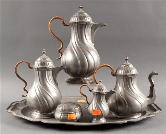 German pewter six-piece tea and