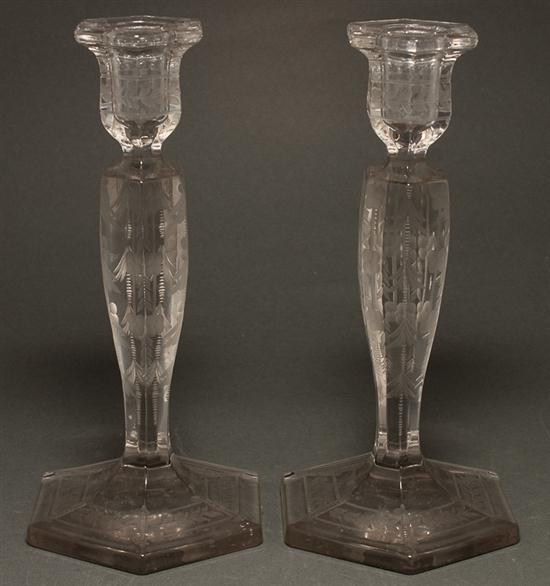 Pair of Hawkes etched glass candlesticks