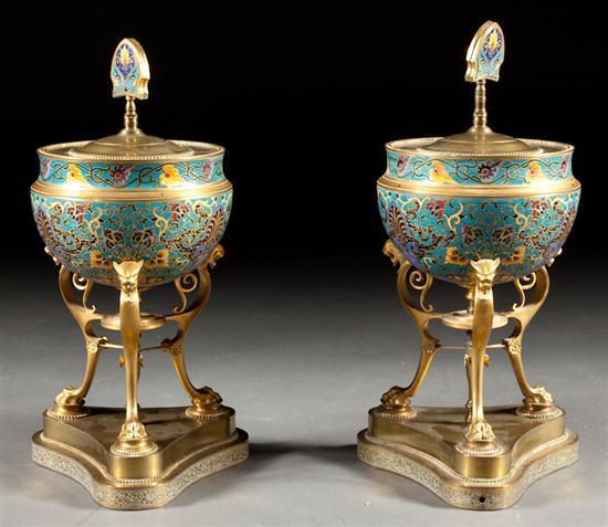 Pair of French champleve and gilt