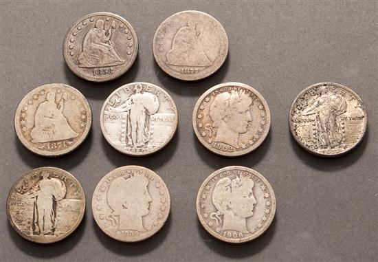 Nine United States Silver Quarters,