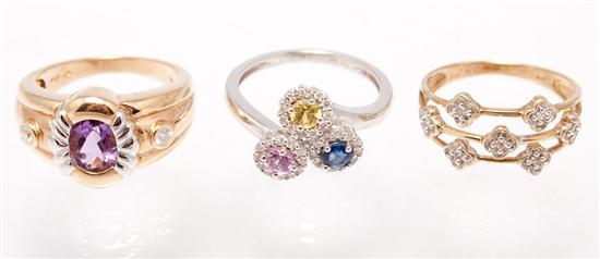 Three gold rings 1) yellow gold, diamond