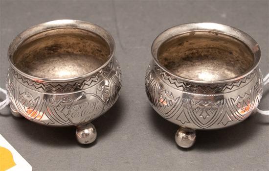 Pair of Russian engraved silver salt