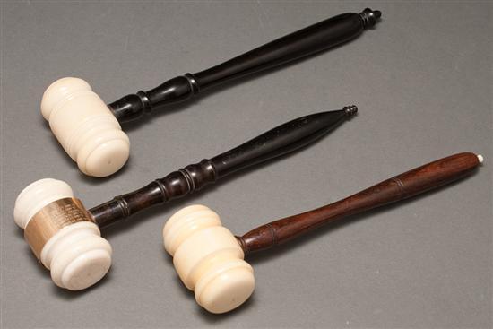 Three carved ivory gavels, two with