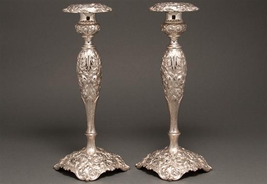 Pair of American repousse silver candlesticks,