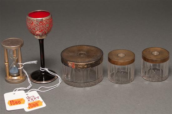 Three cut glass dresser jars with French