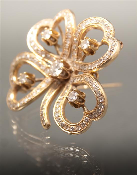Yellow gold and diamond clover brooch