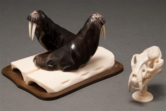 Carved ivory and onyx walrus group  786e9