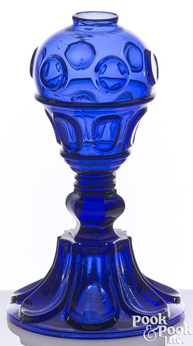 COBALT GLASS WHALE OIL LAMP, EARLY