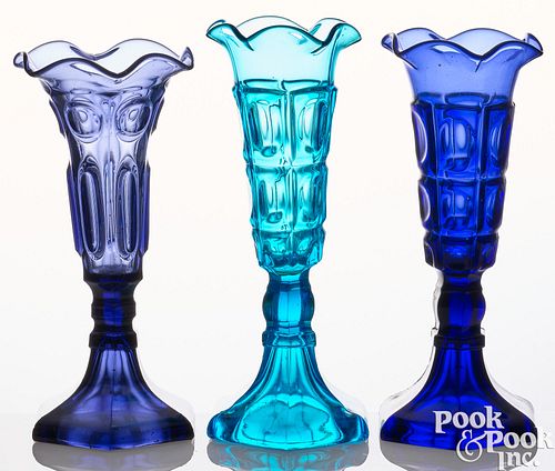 THREE PRESSED GLASS VASES, MID