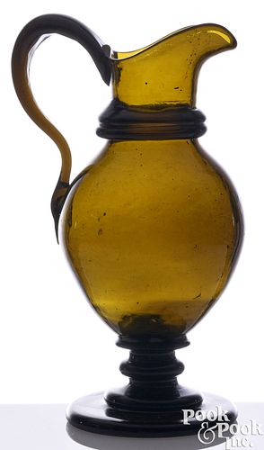 BLOWN DEEP OLIVE GLASS EWER, EARLY