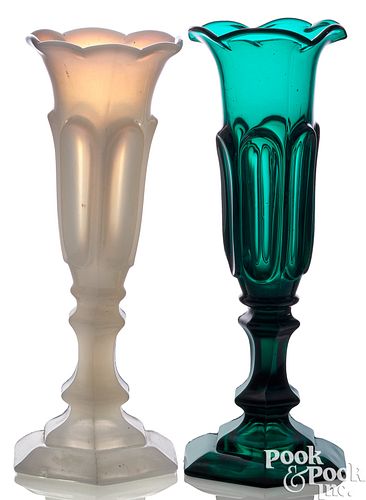 TWO PRESSED GLASS TRUMPET VASES,