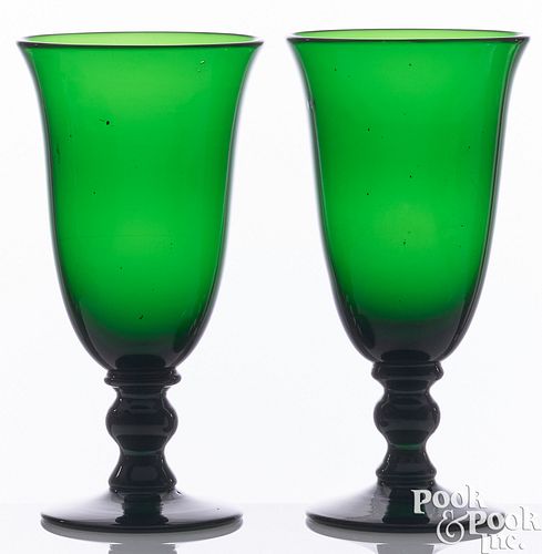 PAIR OF EMERALD GREEN GLASS VASES,