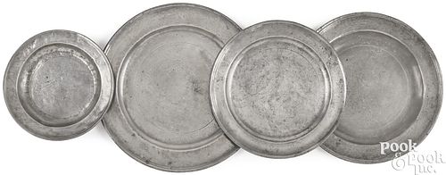 FOUR MASSACHUSETTS PEWTER PLATES/CHARGERSFour