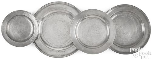 FOUR MASSACHUSETTS PEWTER PLATES/CHARGERSFour