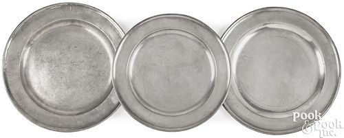 THREE BOSTON PEWTER CHARGERS, 18TH