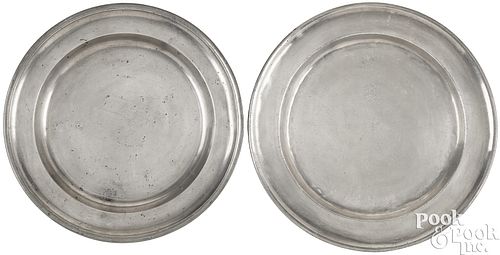 TWO RHODE ISLAND PEWTER CHARGERS,