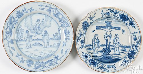 TWO ENGLISH DELFTWARE PLATES, MID