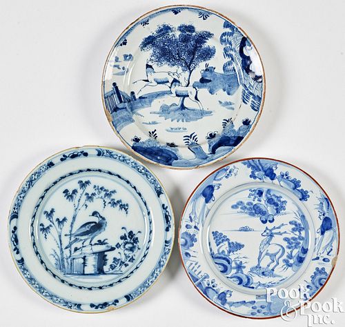 THREE DELFTWARE PLATES, MID 18TH