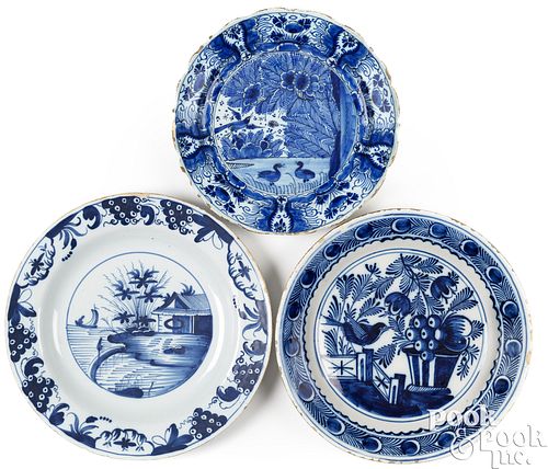 THREE DELFTWARE CHARGERS, MID 18TH