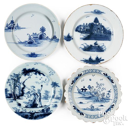 FOUR ENGLISH DELFTWARE PLATES,