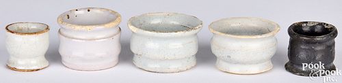 FIVE SMALL DELFTWARE OINTMENT JARS,