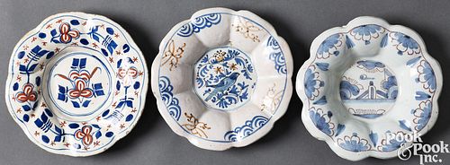 THREE ENGLISH DELFTWARE LOBED DISHES,