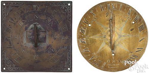 TWO ENGRAVED BRASS SUNDIALS, 18TH C.Two