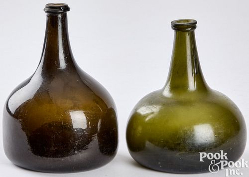 TWO BLOWN OLIVE GLASS SQUAT BOTTLES,